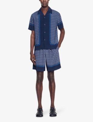 Sandro Mens Bleus Graphic Panel-print Woven Shirt In Bleus