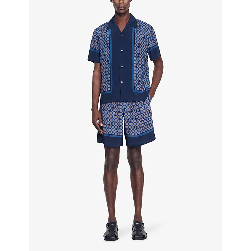 Shop Sandro Mens Bleus Graphic Panel-print Woven Shirt