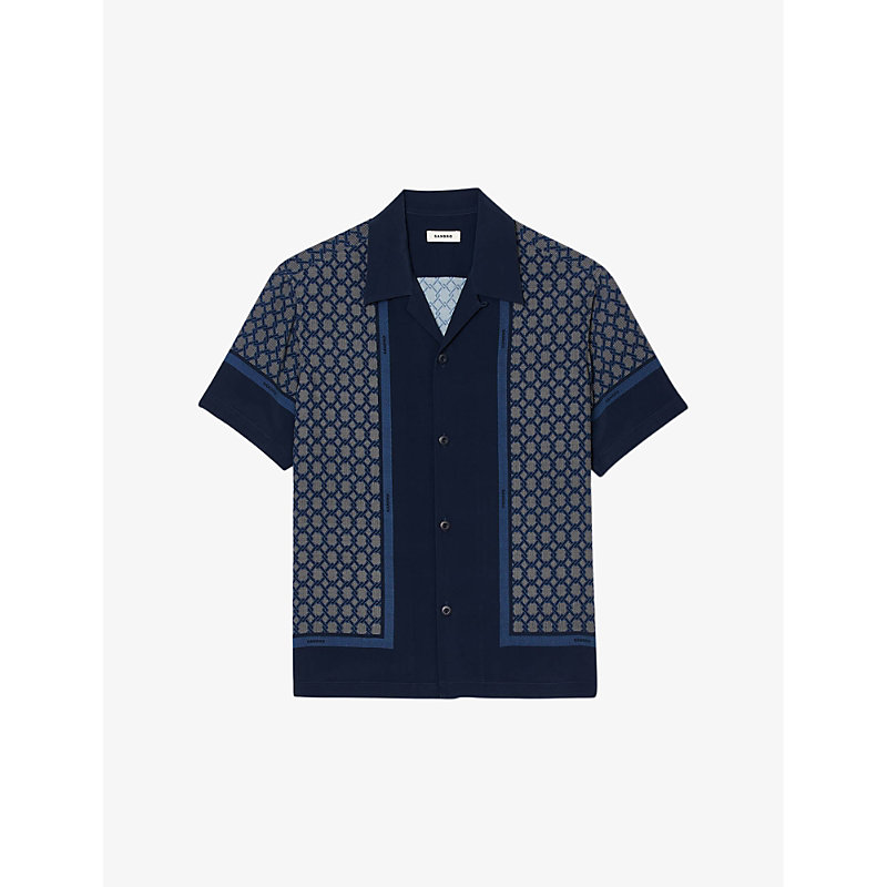 Shop Sandro Mens Bleus Graphic Panel-print Woven Shirt