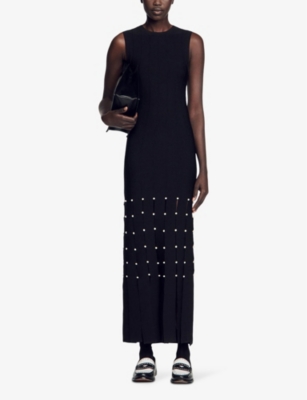 Shop Sandro Women's Noir / Gris Fringe Studded Stretch-knit Maxi Dress