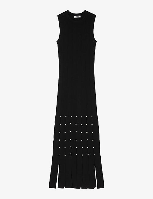 SANDRO: Fringe studded stretch-knit maxi dress