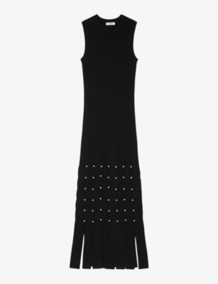 Shop Sandro Women's Noir / Gris Fringe Studded Stretch-knit Maxi Dress