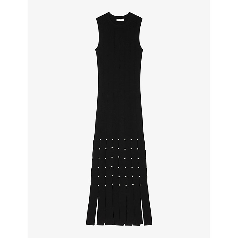 Shop Sandro Womens Noir / Gris Fringe Studded Stretch-knit Maxi Dress