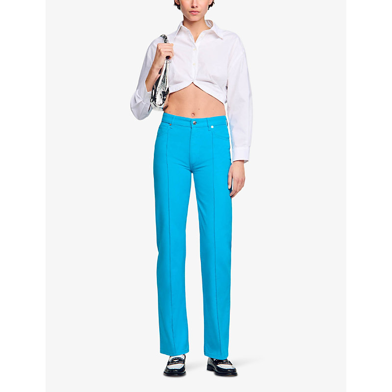 Shop Sandro Women's Bleus Pintuck-seam Straight-leg Mid-rise Denim Jeans