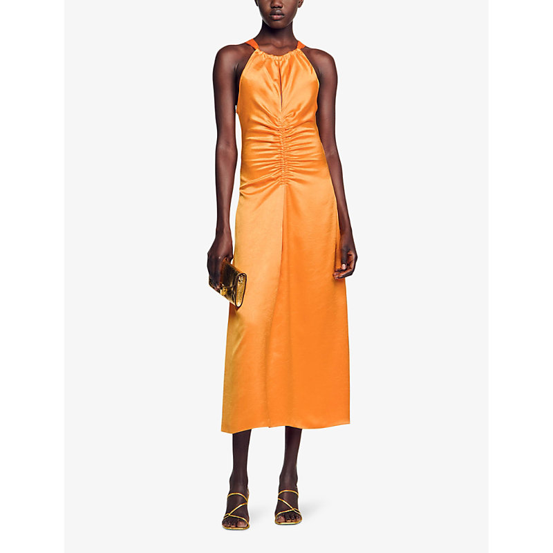 Shop Sandro Women's Jaunes / Oranges Ruched Halter-neck Satin Midi Dress