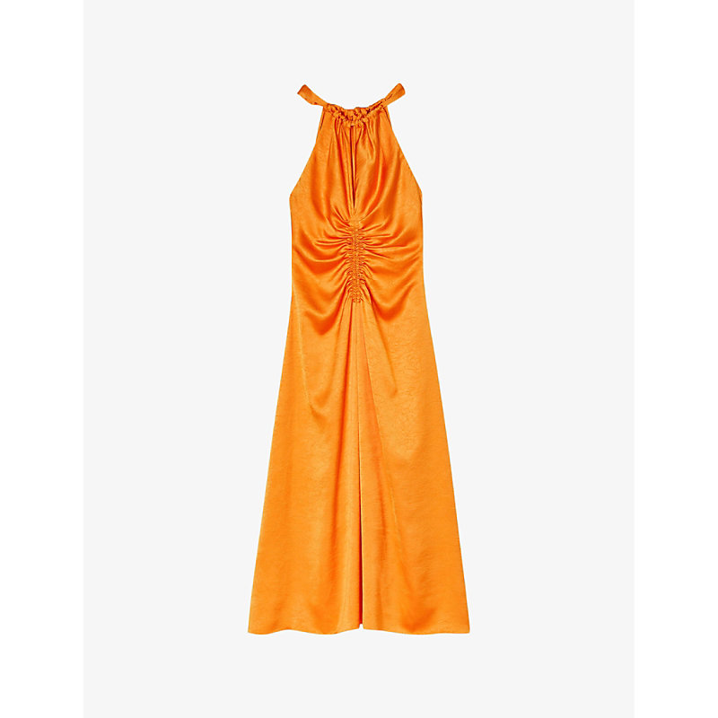 Shop Sandro Women's Jaunes / Oranges Ruched Halter-neck Satin Midi Dress