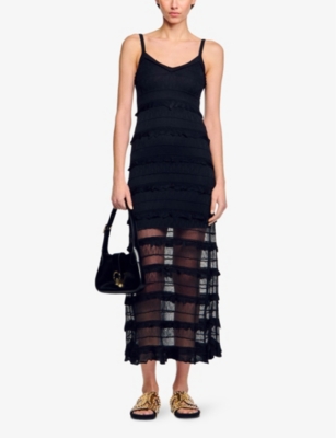 Shop Sandro Women's Noir / Gris Sheer-panel Stretch-knit Maxi Dress
