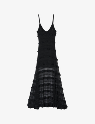 Shop Sandro Women's Noir / Gris Sheer-panel Stretch-knit Maxi Dress