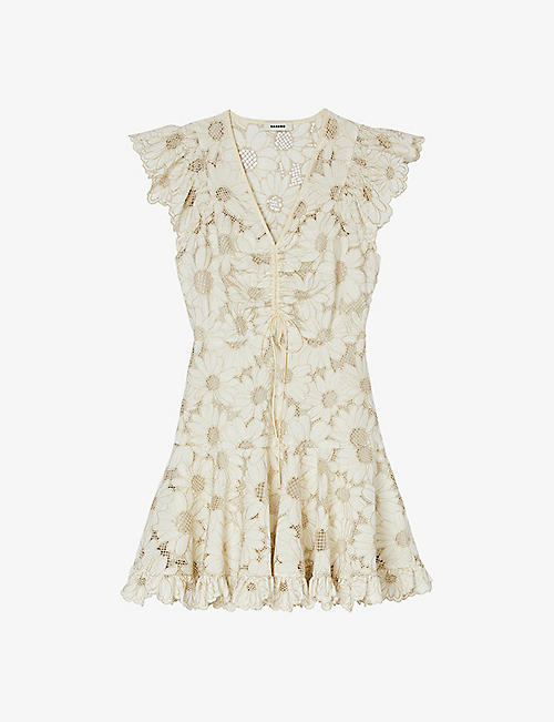 SANDRO: Floral-lace ruffle-trim woven mini dress