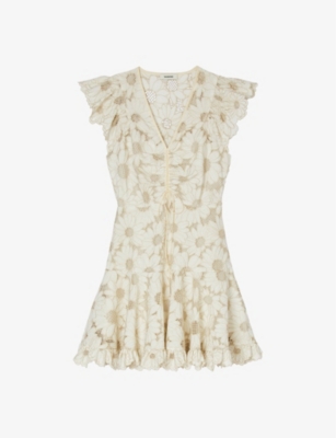 Shop Sandro Womens Naturels Floral-lace Ruffle-trim Woven Mini Dress