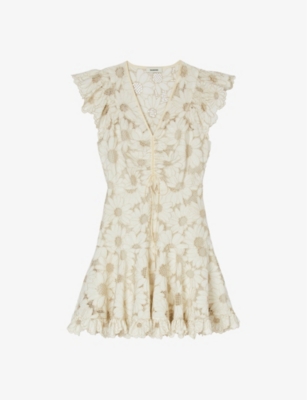 Shop Sandro Women's Naturels Floral-lace Ruffle-trim Woven Mini Dress