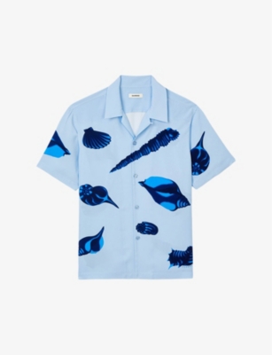 Shop Sandro Men's Bleus Seashell-print Relaxed-fit Woven Shirt