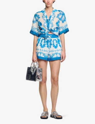 Shop Sandro Women's Bleus Graphic-print Elasticated-waist Cotton Shorts