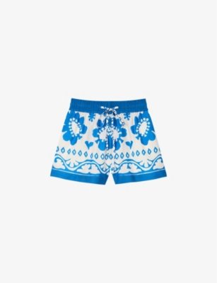 Shop Sandro Women's Bleus Graphic-print Elasticated-waist Cotton Shorts