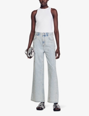 Shop Sandro Women's Denim - Jean Rhinestone-embellished Flared-leg Mid-rise Denim Jeans
