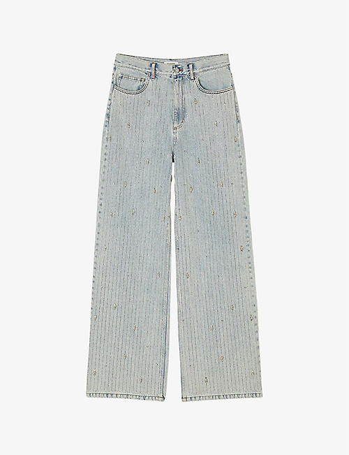 SANDRO: Rhinestone-embellished flared-leg mid-rise denim jeans