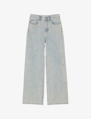 Shop Sandro Women's Denim - Jean Rhinestone-embellished Flared-leg Mid-rise Denim Jeans