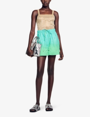 Shop Sandro Womens Bleus Rhinestone-embellished Elasticated-waist Cotton Shorts