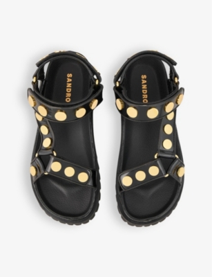 Shop Sandro Women's Noir / Gris Stud-embellished Tread-sole Flat Leather Sandals