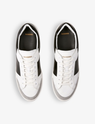 Shop Sandro Mens Noir / Gris Contrast-panel Logo-print Leather Low-top Trainers
