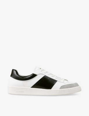 Shop Sandro Men's Noir / Gris Contrast-panel Logo-print Leather Low-top Trainers