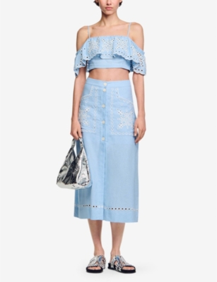Shop Sandro Women's Bleus Broderie-anglaise High-rise Linen-blend Midi Skirt