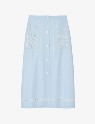 SANDRO: Broderie-anglaise high-rise linen-blend midi skirt