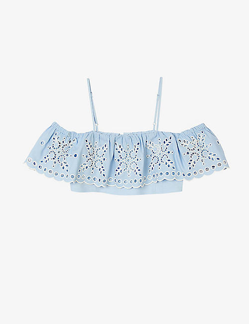 SANDRO: Ruffle-trim embroidered cropped linen-blend top