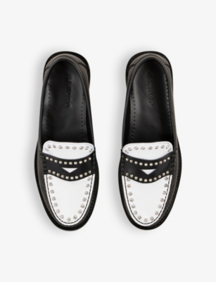 Shop Sandro Women's Noir / Gris Stud-embellished Logo-debossed Leather Loafers