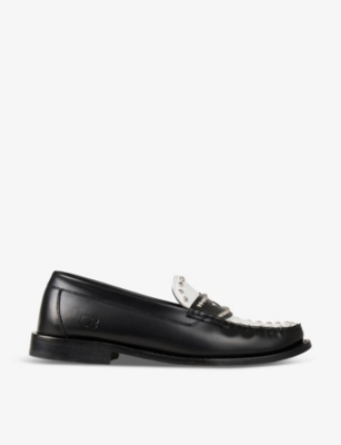 Shop Sandro Womens Noir / Gris Stud-embellished Logo-debossed Leather Loafers