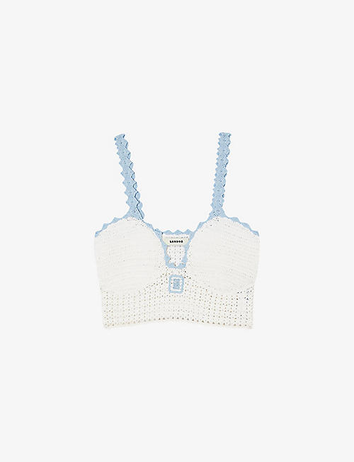 SANDRO: Logo-embroidered scalloped-trim crochet knitted top