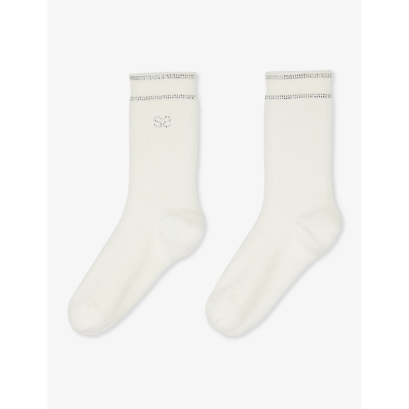 Sandro Womens Naturels Double S Rhinestone-embellished Stretch Cotton-blend Socks In White