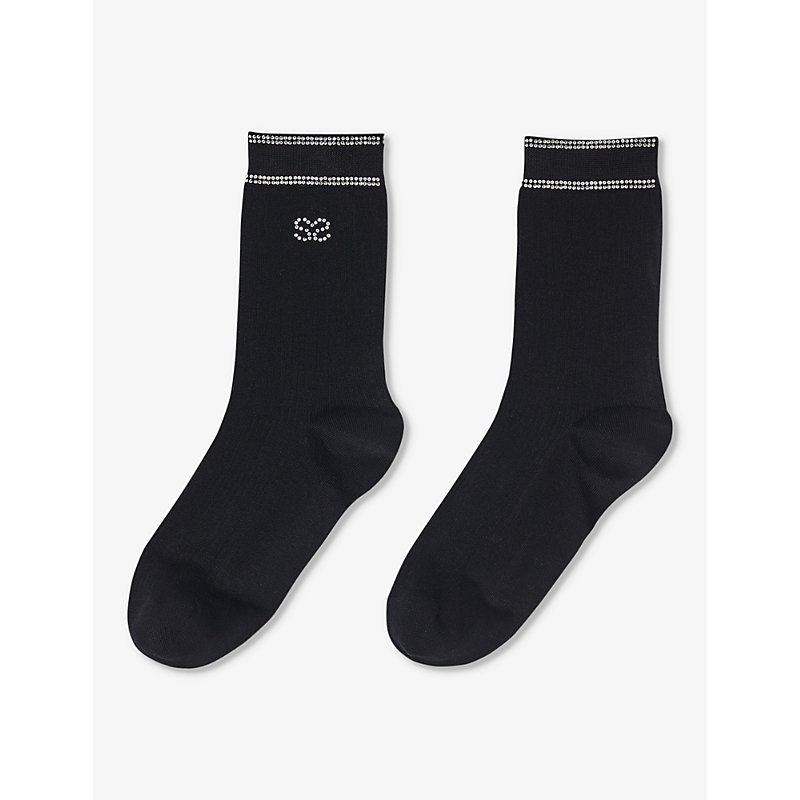 Sandro Women's Noir / Gris Double S Rhinestone-embellished Stretch Cotton-blend Socks In Black