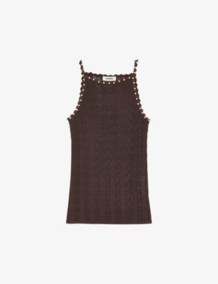 SANDRO: Bead-embellished pointelle-stitch knitted top