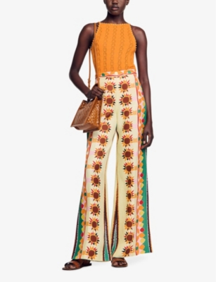 Shop Sandro Women's Jaunes / Oranges Bead-embellished Pointelle-stitch Knitted Top