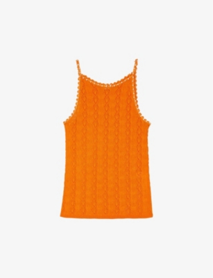 Shop Sandro Womens Jaunes / Oranges Bead-embellished Pointelle-stitch Knitted Top