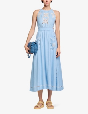 Shop Sandro Womens Bleus Broderie-anglaise Fitted-waist Linen-blend Midi Dress