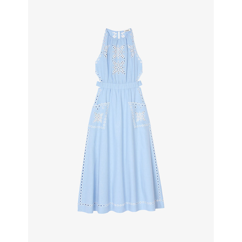 Sandro Womens Bleus Broderie-anglaise Fitted-waist Linen-blend Midi Dress In Blue