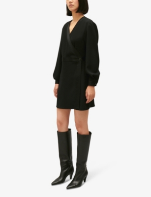 Shop Claudie Pierlot Women's Noir / Gris Wrap-silhouette Satin-panel Woven Mini Dress