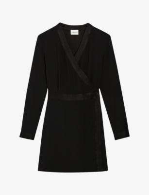 Claudie Pierlot Womens Noir / Gris Wrap-silhouette Satin-panel Woven Mini Dress