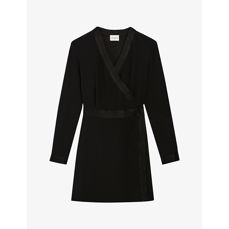 Claudie Pierlot Womens Noir / Gris Wrap-silhouette Satin-panel Woven Mini Dress