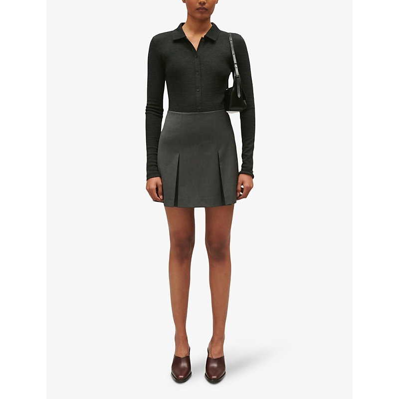 Shop Claudie Pierlot Women's Noir / Gris Sarah High-rise Flared Wool-blend Mini Skirt