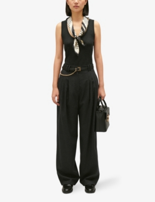 Shop Claudie Pierlot Women's Noir / Gris Tailored Wide-leg High-rise Wool-blend Trousers