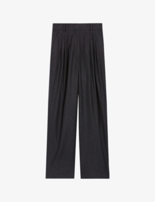 Shop Claudie Pierlot Women's Noir / Gris Tailored Wide-leg High-rise Wool-blend Trousers