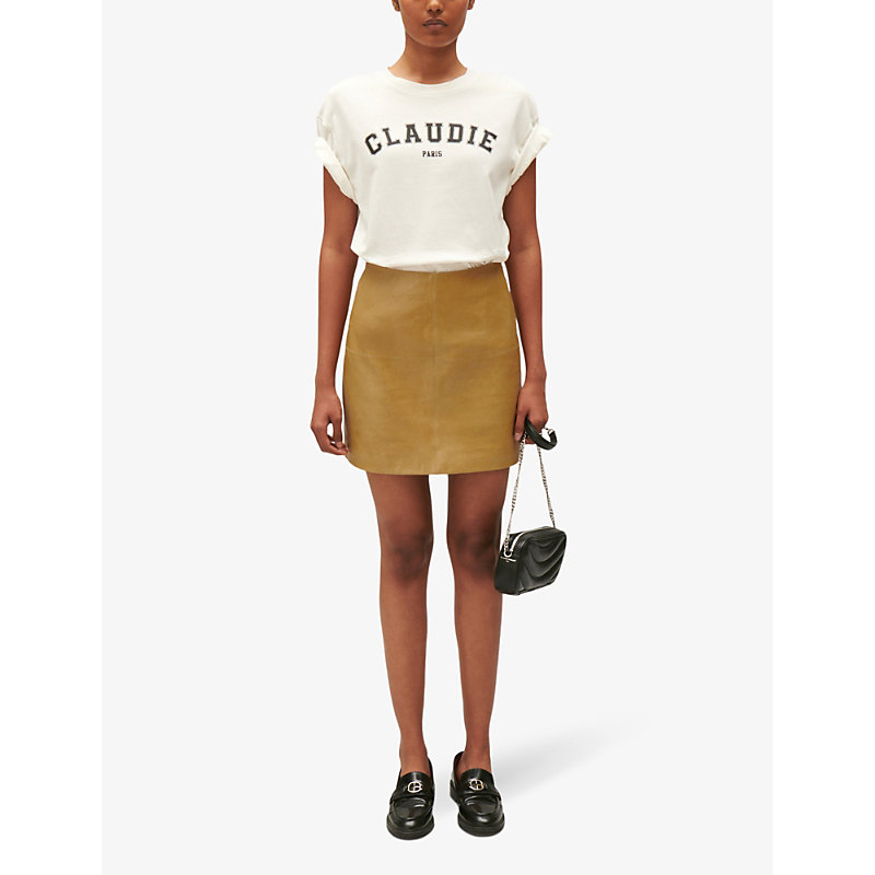 Shop Claudie Pierlot Women's Jaunes / Oranges Straight-cut High-rise Leather Mini Skirt
