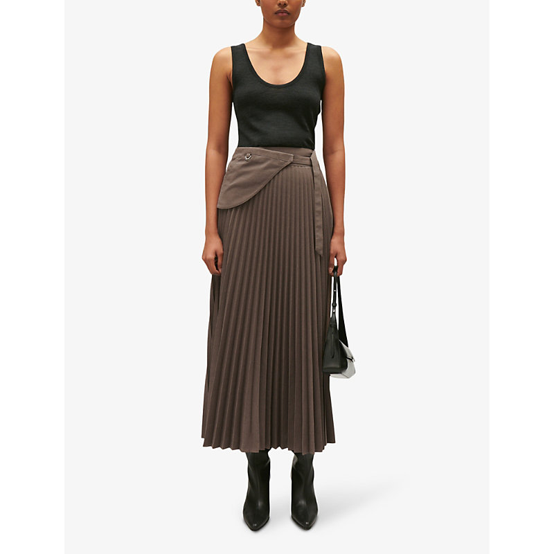 Shop Claudie Pierlot Womens Bruns Pleated Belted-pocket Stretch Woven-blend Midi Skirt