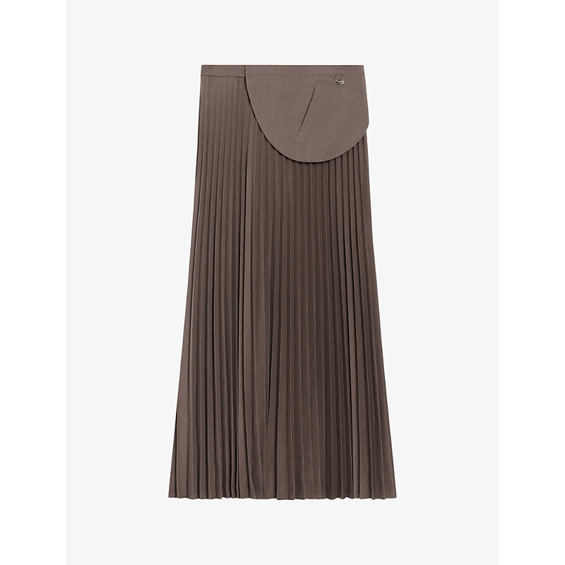 Claudie Pierlot Womens Bruns Pleated Belted-pocket Stretch Woven-blend Midi Skirt