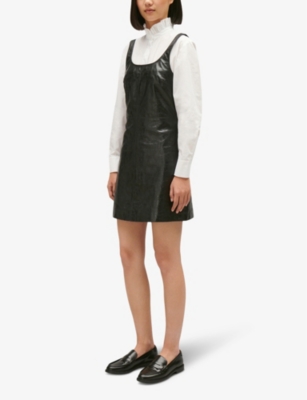 Shop Claudie Pierlot Women's Noir / Gris Straight-neck A-line Leather Mini Dress