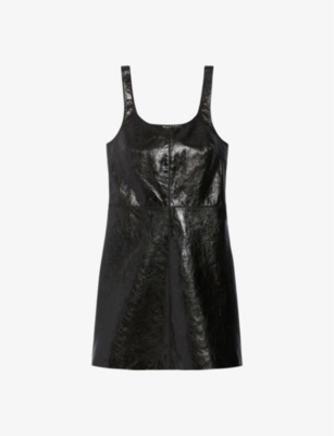 Claudie Pierlot Womens Noir / Gris Straight-neck A-line Leather Mini Dress