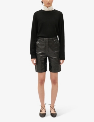 Shop Claudie Pierlot Women's Noir / Gris High-rise Regular-fit Leather Shorts